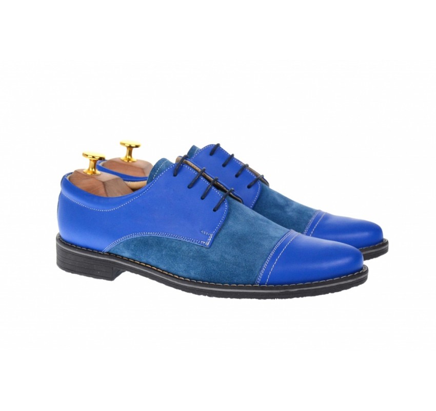 Pantofi barbati casual din piele naturala combinata, culoare albastru - 858AL