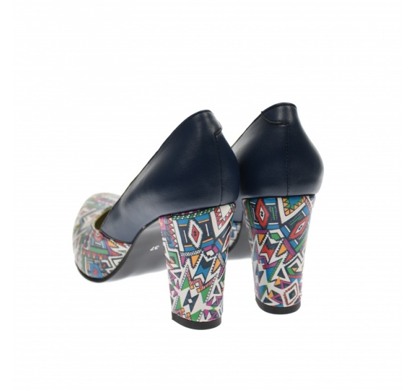 Oferta marimea 36 - Pantofi dama, eleganti, din piele naturala, bleumarin cu imprimeu, toc 7 cm - LNAA8BOXCOLOR