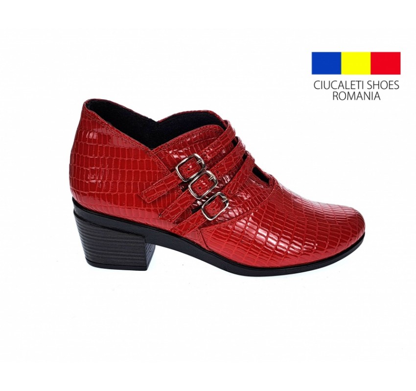 Botine dama din piele naturala Croco, Barete, Catarame argintii, Toc de 5 cm, Rosu - MVS63CTCR-R