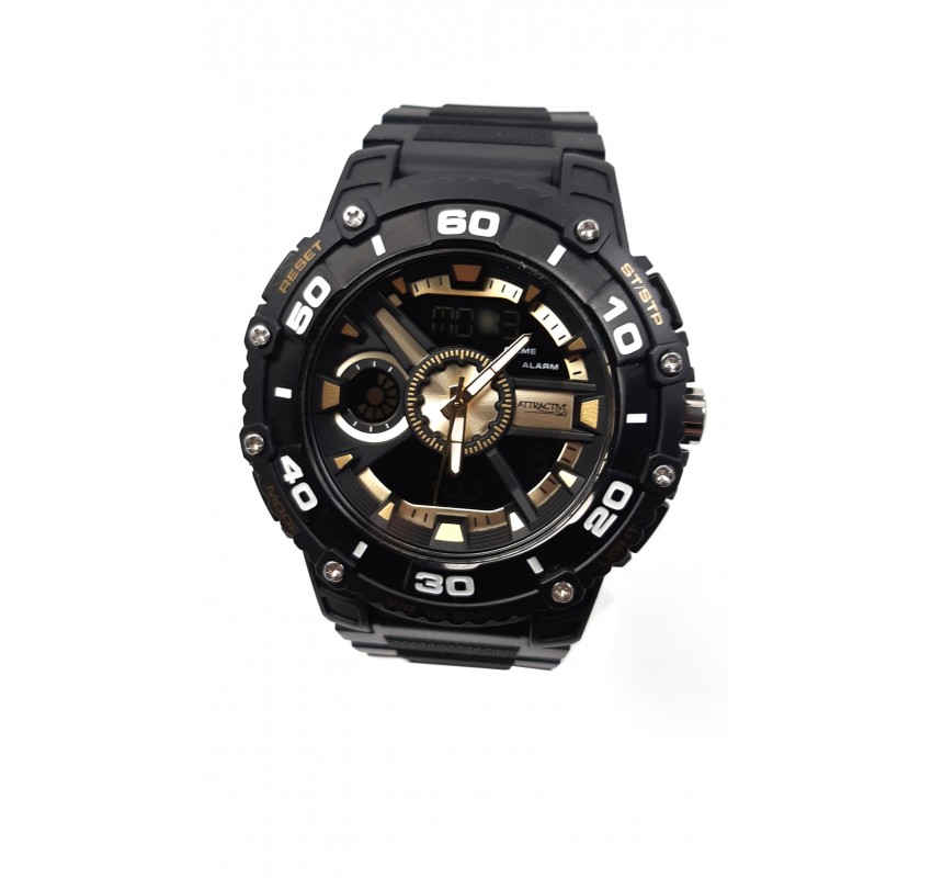 Ceas de mana barbati sport Q&Q Dual Time, cu sistem digital si analog negru cu auriu - TA9034