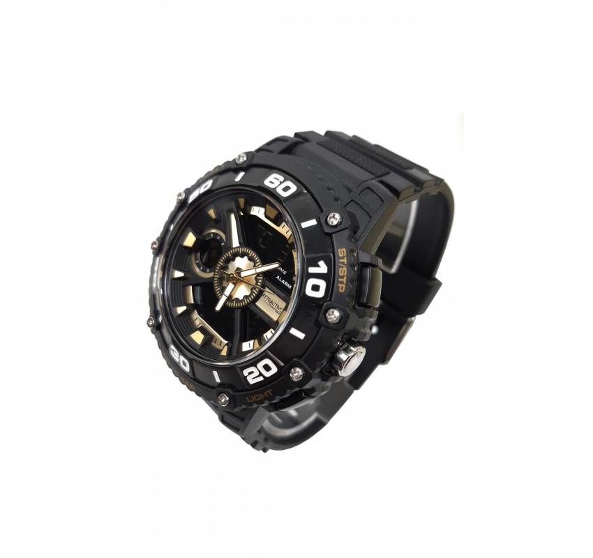 Ceas de mana barbati sport Q&Q Dual Time, cu sistem digital si analog negru cu auriu - TA9034