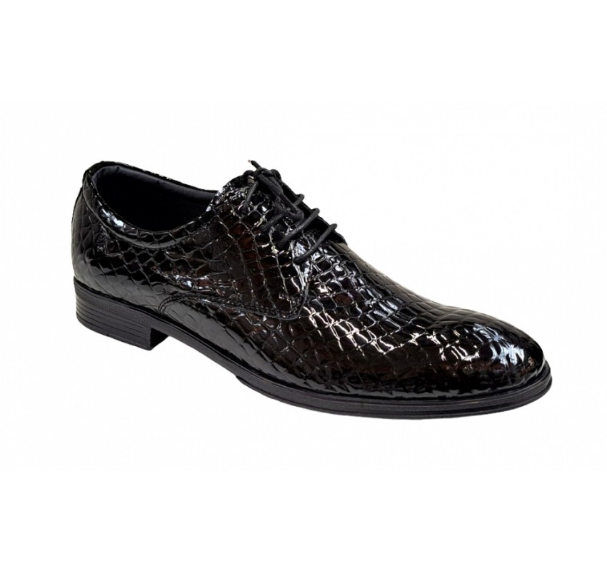 Pantofi barbati office, eleganti din piele naturala, Croco, Negru, LAC, TEST61NC